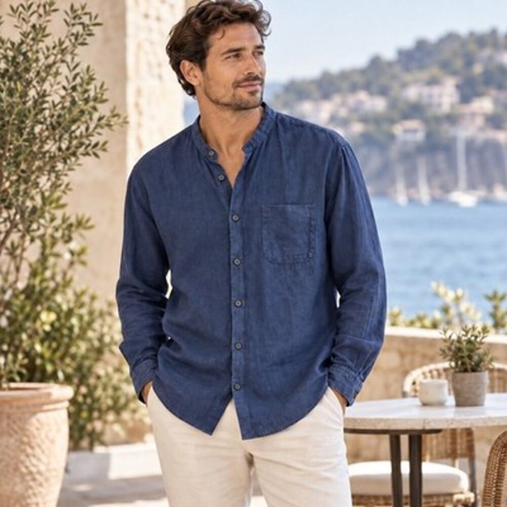 Navy Blue 100% Linen Banded Collar Shirt Sz M Relaxed Fit Coastal Neutral Top